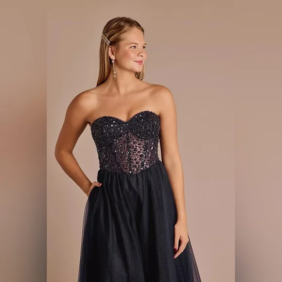 JULES & CLEO | Floral Encrusted Bodice Strapless Ball Gown in Navy sz 4 - Picture 15 of 15